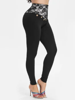 Mock Button Lace Insert High Waist Leggings