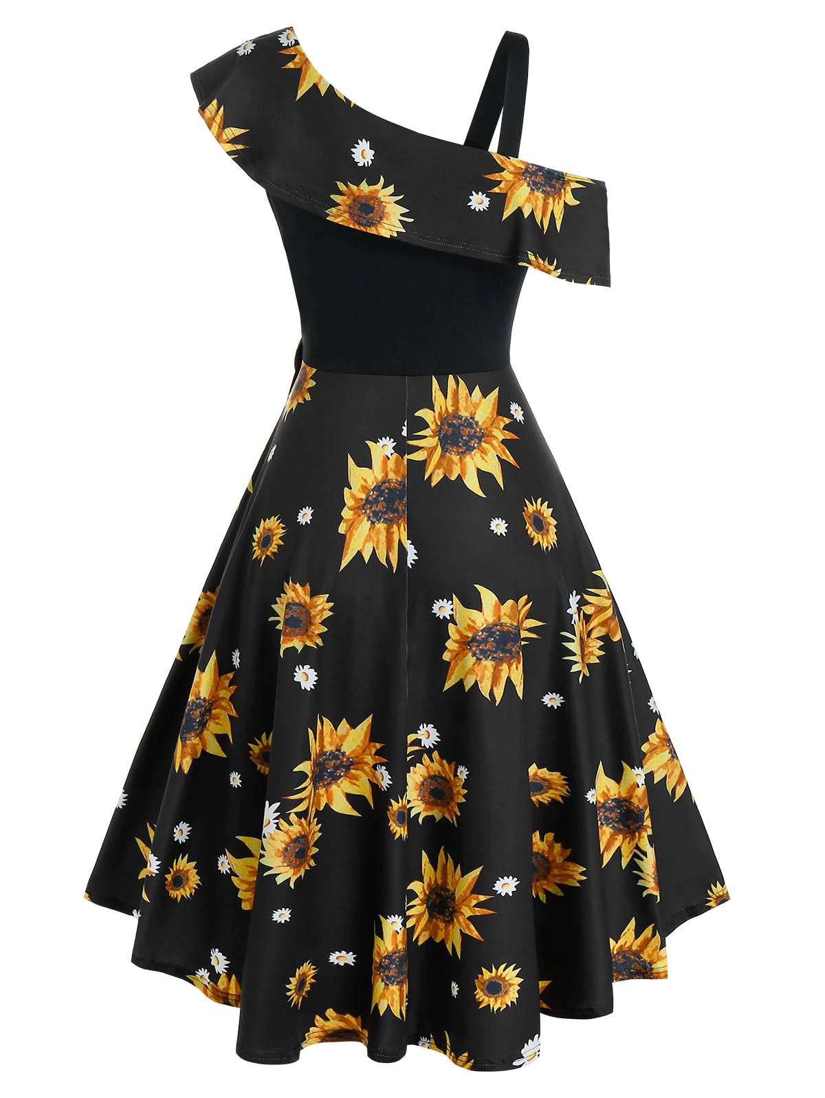 Printed Sunflower O Ring Belt A Line Dress