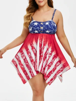 Plus Size American Flag Print Handkerchief Tankini Swimwear
