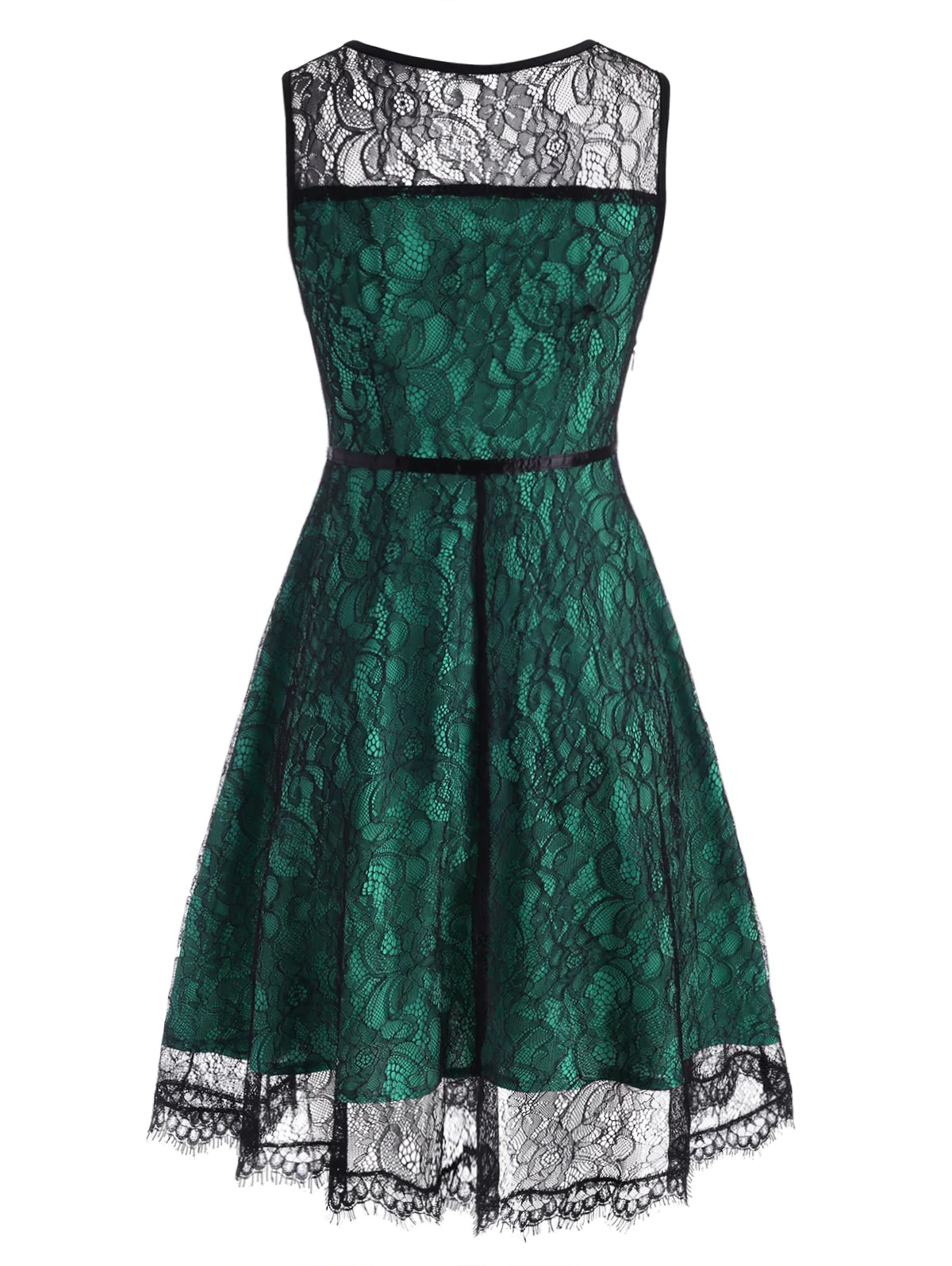 Lace Overlay Scalloped V Neck Dress