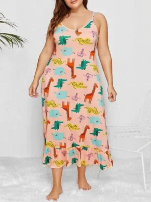 Cartoon Animal Print Flounce Plus Size Nightdress