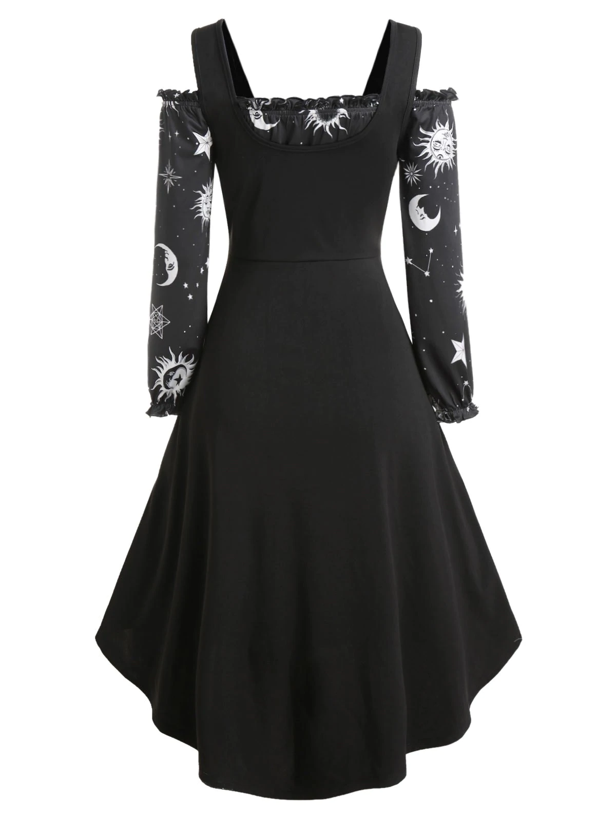 Sun Moon Star Print Dress and Buckle High Low Vest