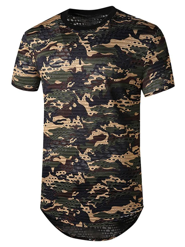 Camouflage Print Mesh Patch Hole Curved T Shirt