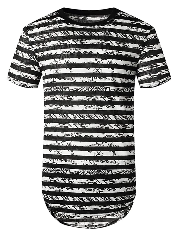 Striped Semi Sheer Longline Curved T Shirt