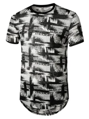 Letter Brush Print Semi Sheer Longline Curved T Shirt
