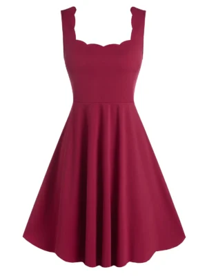 Sleeveless Square Neck Scalloped Flare Dress