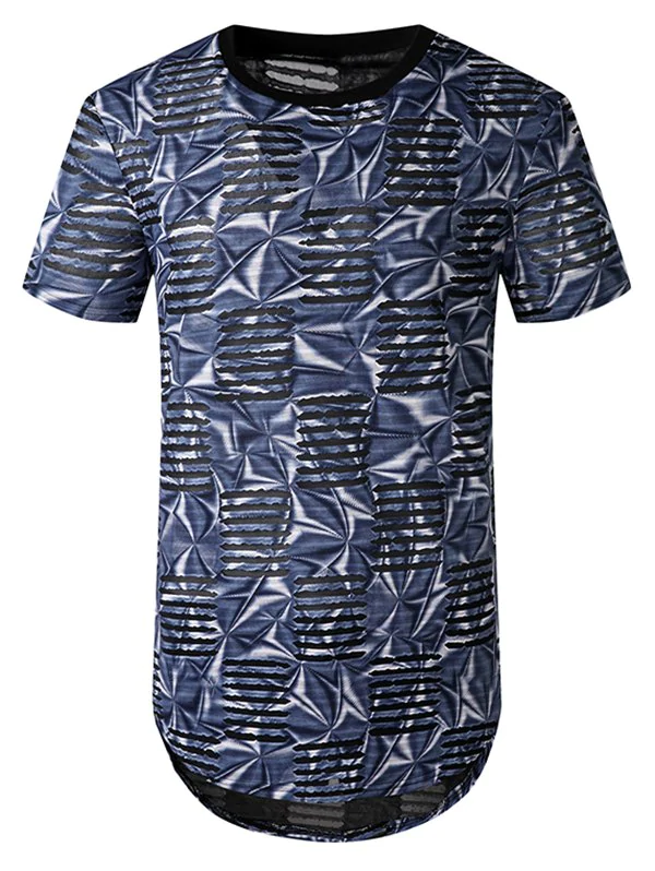 Printed Mesh Patch Hole Crew Neck Curved T Shirt