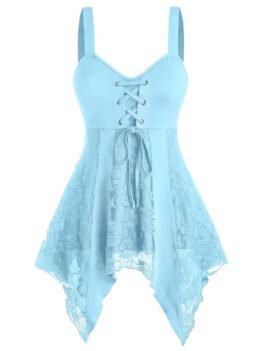 Lace Up Lace Panel Asymmetrical Cami Tank Top