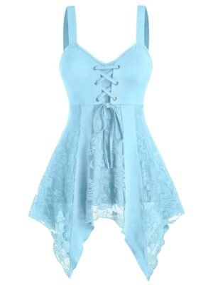 Lace Up Lace Panel Asymmetrical Cami Tank Top