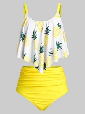 Plus Size Pineapple Ruched High Rise Tankini Swimwear