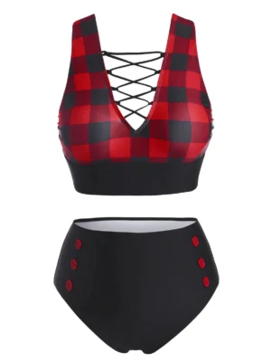 Plus Size Criss Cross Checkered Mock Button Tankini Swimwear