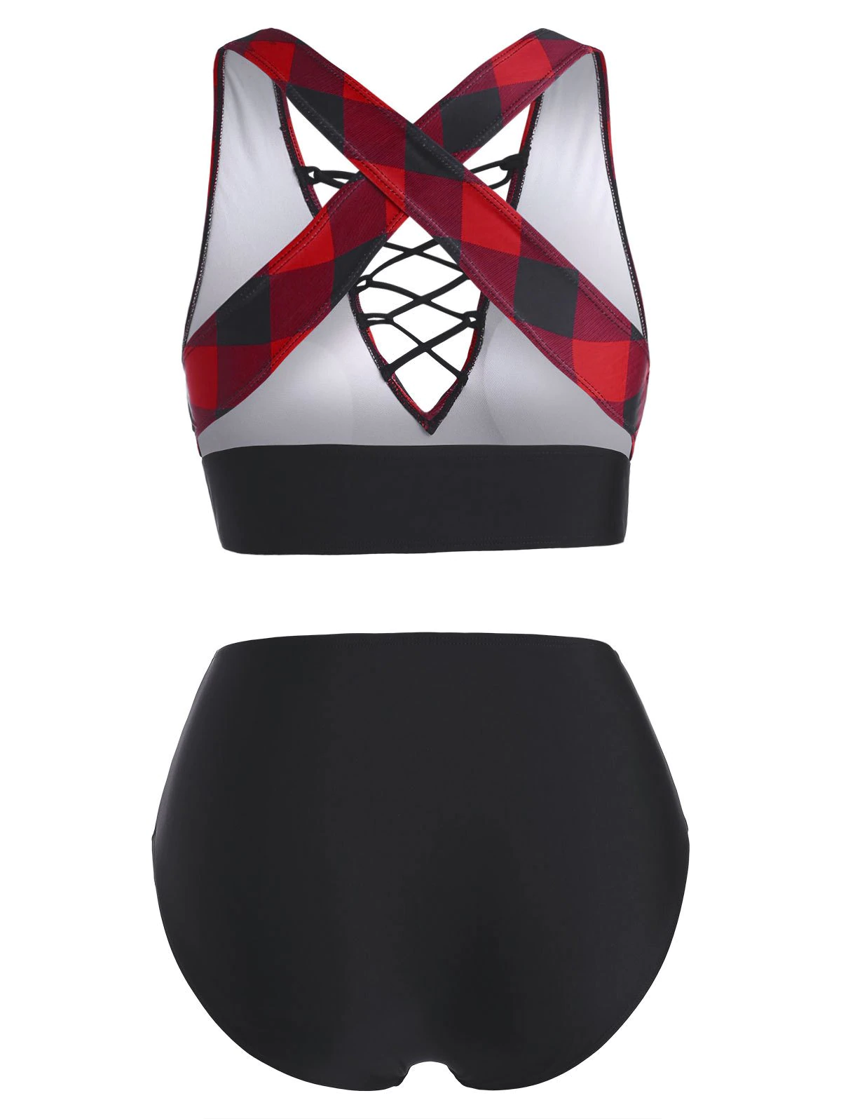 Plus Size Criss Cross Checkered Mock Button Tankini Swimwear