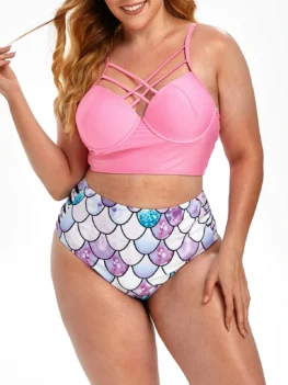 Plus Size Scale Print Criss Cross Bustier Mermaid Bikini Swimsui