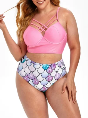 Plus Size Scale Print Criss Cross Bustier Mermaid Bikini Swimsuit
