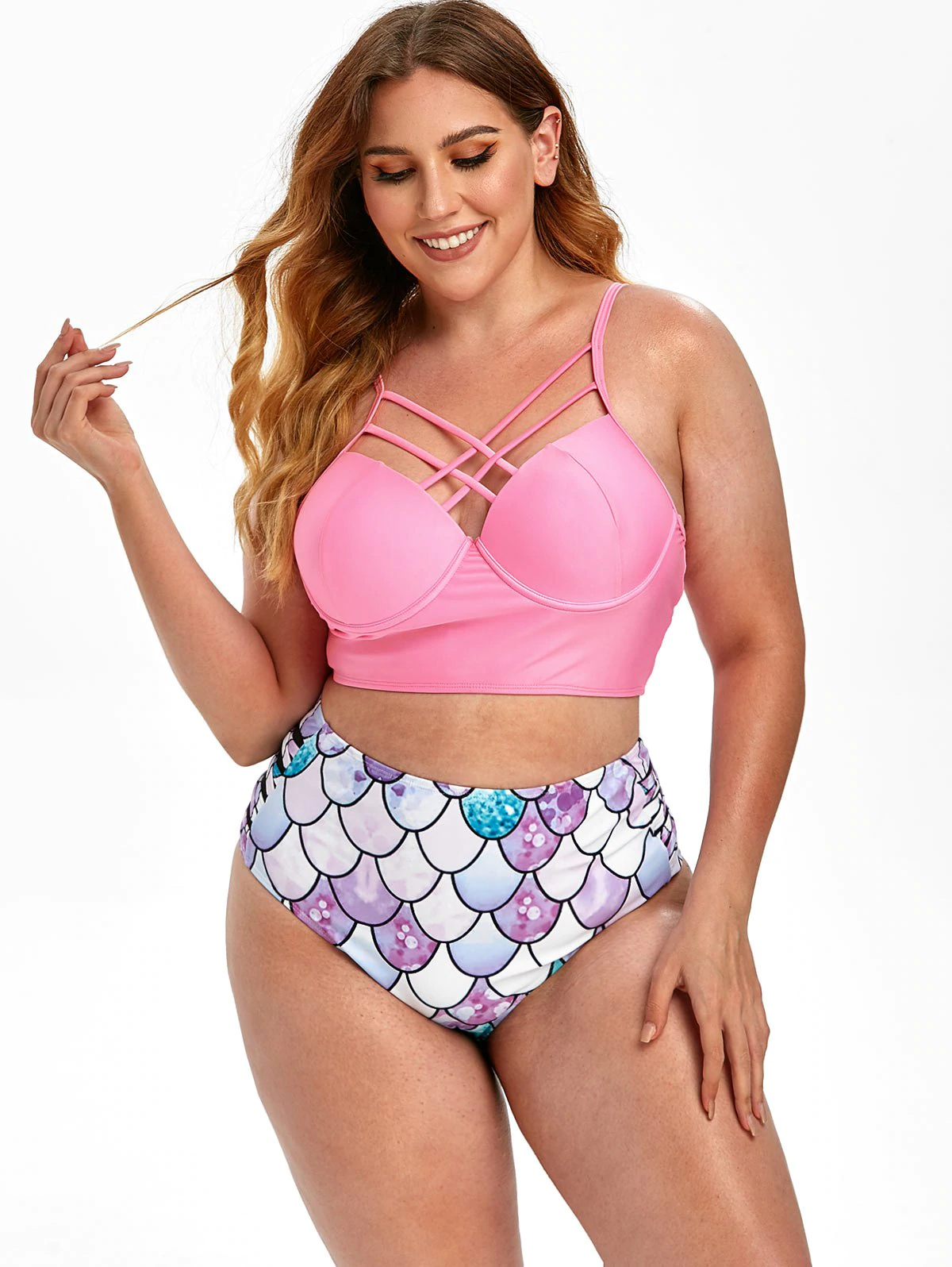 Plus Size Scale Print Criss Cross Bustier Mermaid Bikini Swimsui