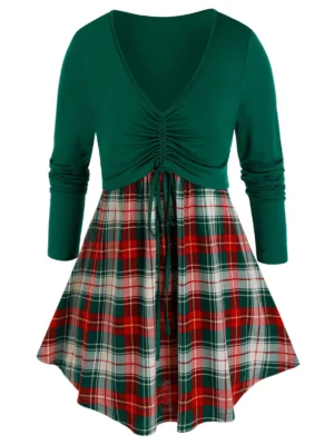 Plus Size Plaid Cinched Tie Contrast Long Sleeve Tee