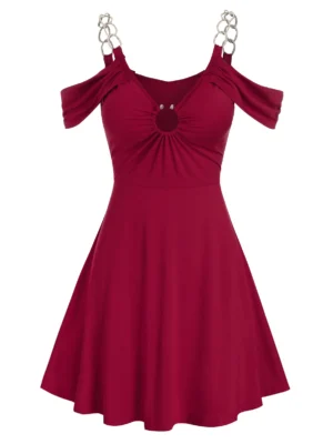 Chain Strap Open Shoulder Notched Prom Dress