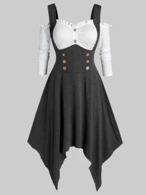 Plus Size Open Shoulder Handkerchief Sailor Button Dress