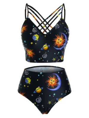 Plus Size Moon and Sun Planet Print Strappy Tankini Swimwear