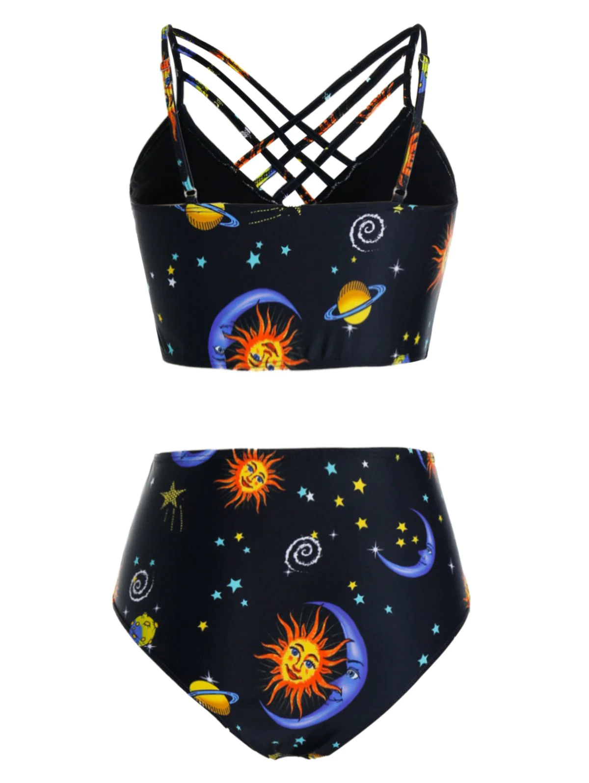 Plus Size Moon and Sun Planet Print Strappy Tankini Swimwear