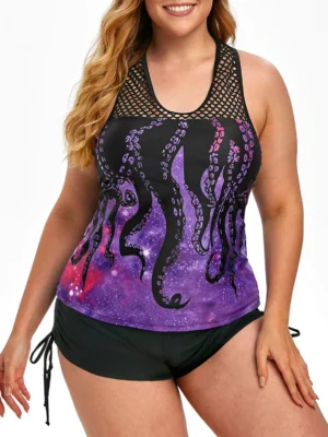 Plus Size Fishnet Insert Octopus Racerback Tankini Swimwear
