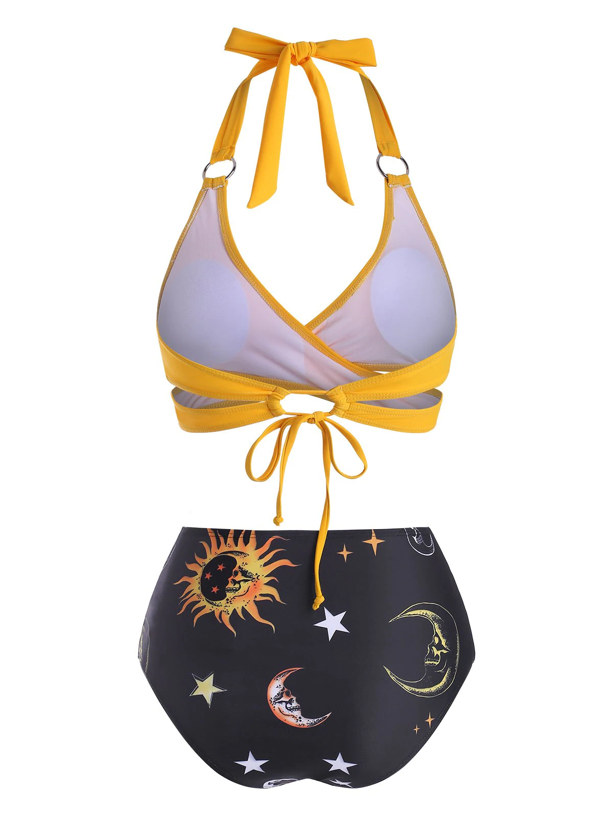 Sun Star Moon Print O Ring Embellished High Waisted Bikini Swimw