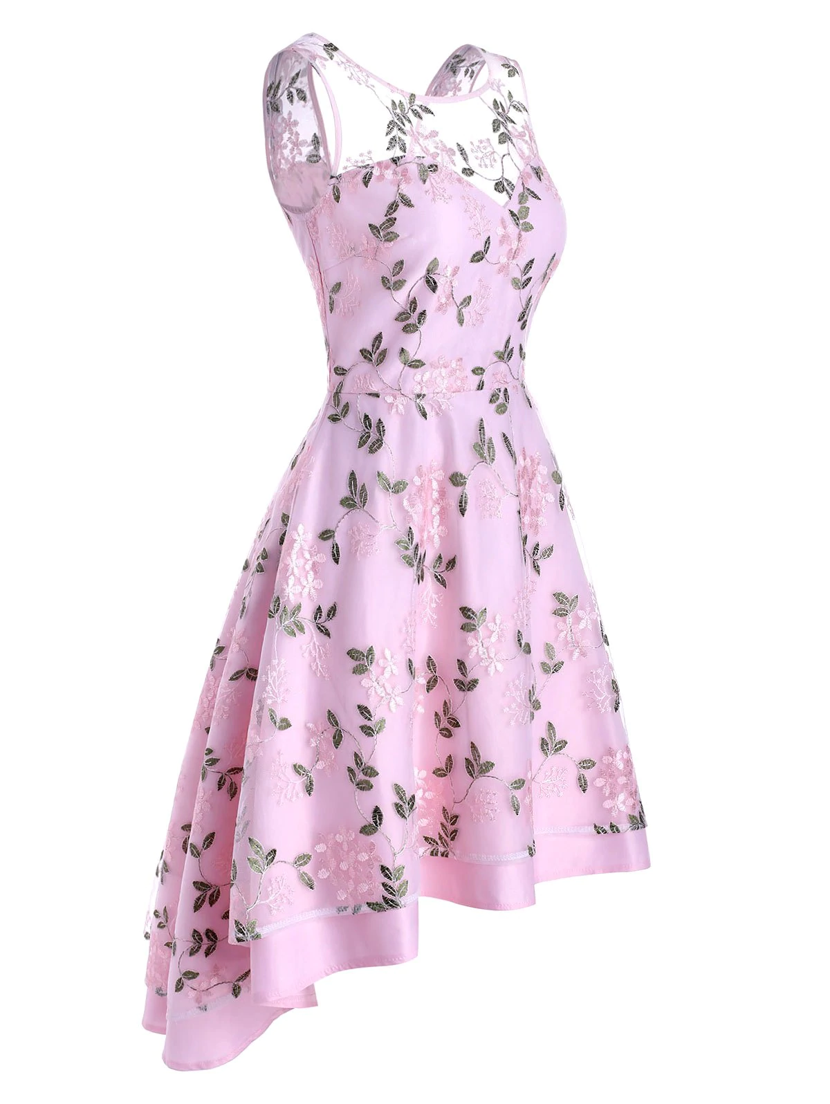 Flower Leaf Embroidered Lace Overlay High Low Dress