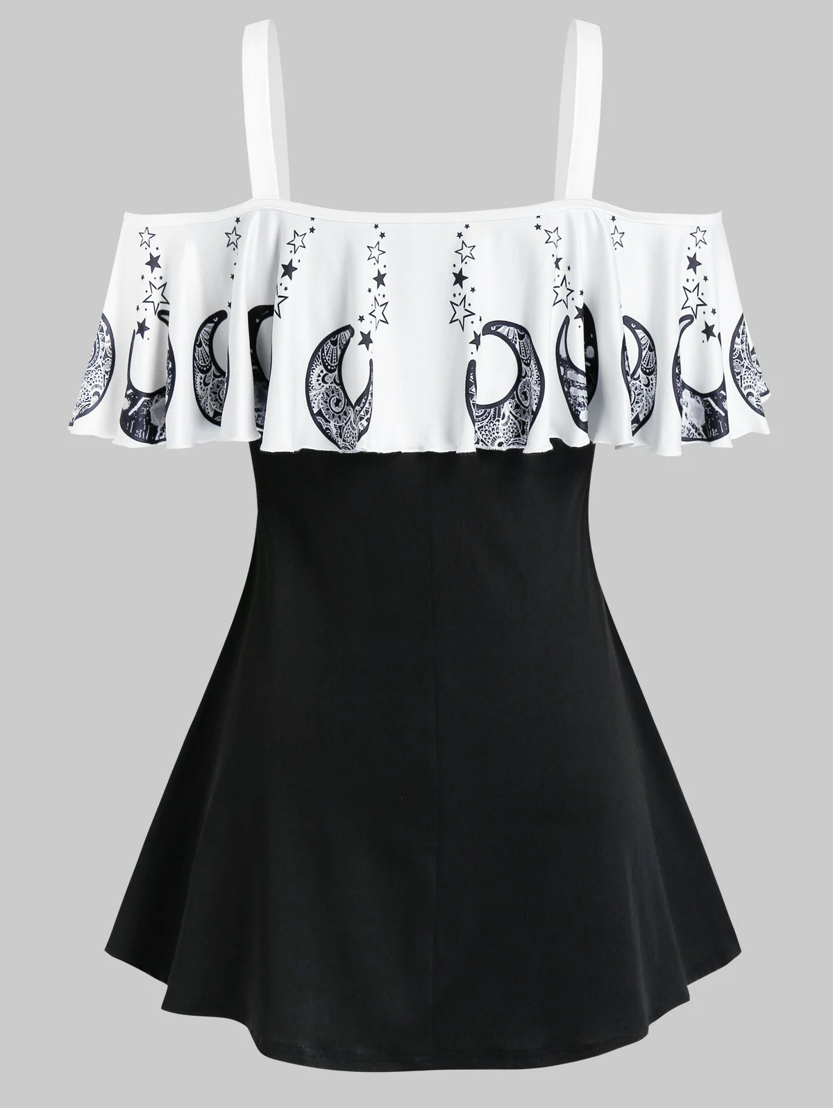 Plus Size Cold Shoulder Ruffled Star Moon Print Tee