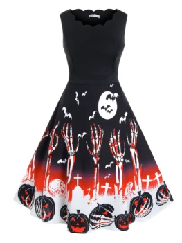 Plus Size Halloween Skull Pumpkin Pattern Scalloped Dress