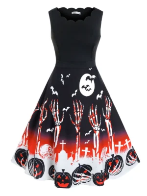 Plus Size Halloween Skull Pumpkin Pattern Scalloped Dress