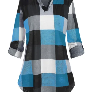 Plus Size Roll Up Sleeve Checked Top