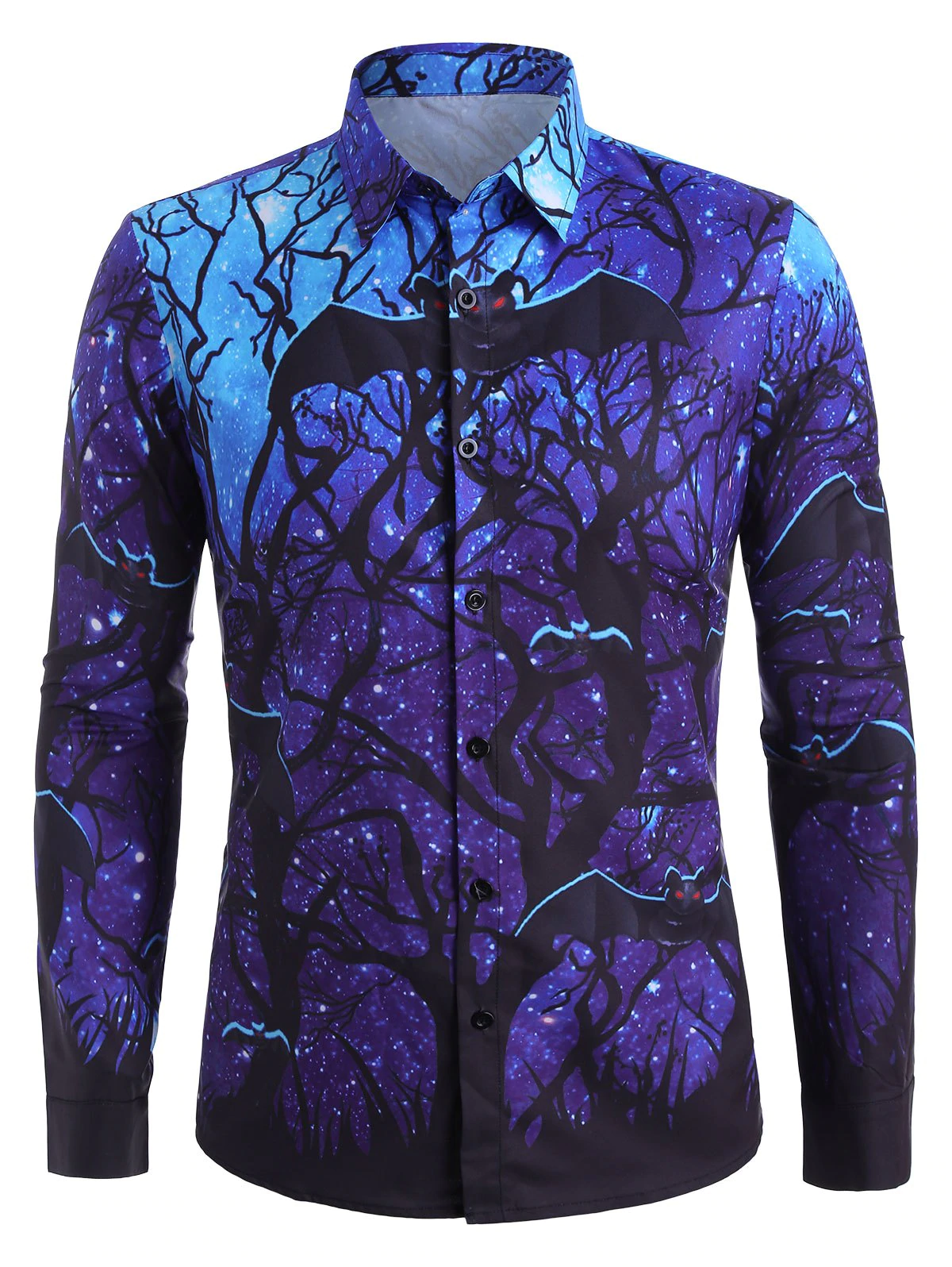 Halloween Starry Bat Print Long Sleeve Button Up Shirt