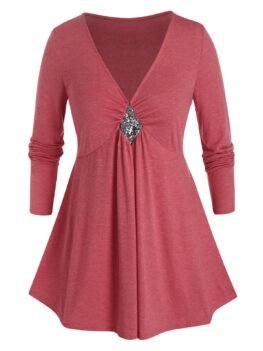 Plus Size Sequined Long Sleeve V Neck Tee