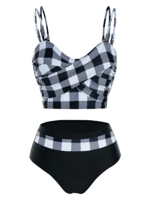 Checked Crisscross High Waisted Tankini Swimwear