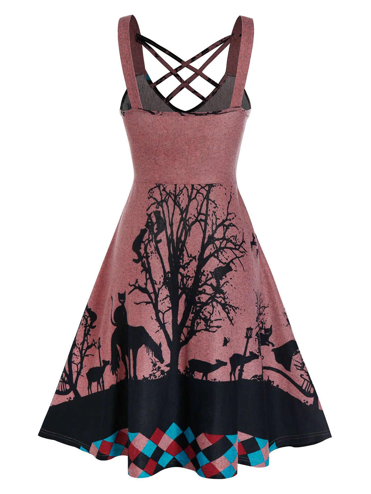 Crisscross Sequins Panel Tree Print Knee High Cami Dress