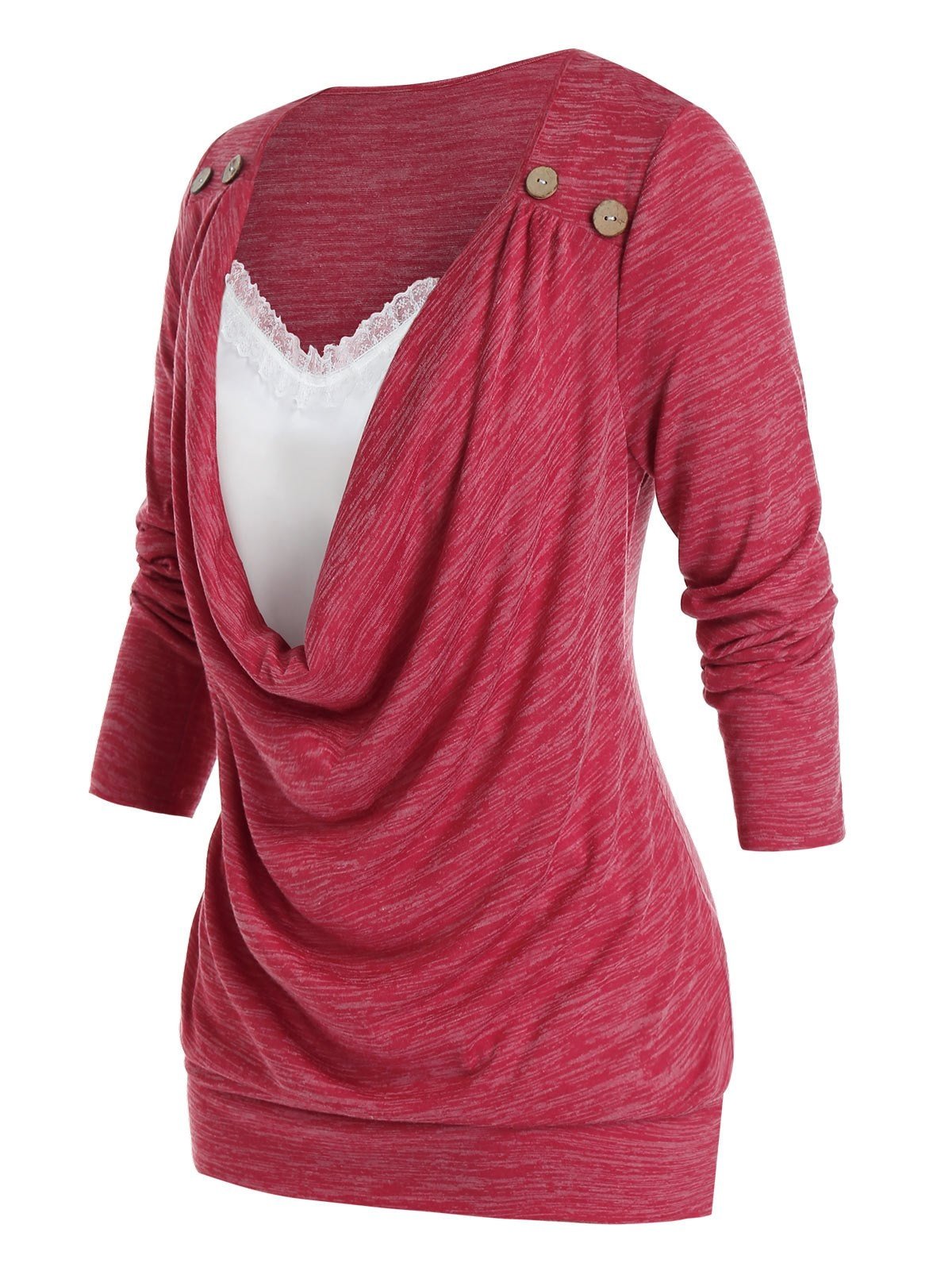 Plus Size Cowl Front Lace Panel Long Sleeve Tunic Tee