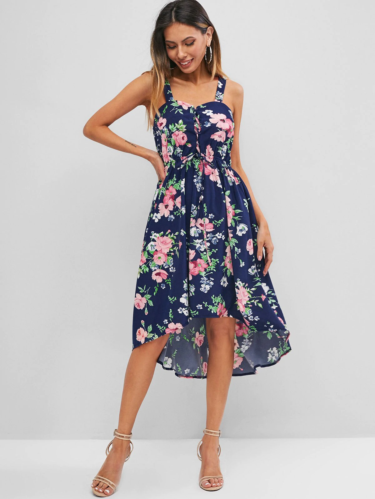 Flower Print Lace Up High Low Dress