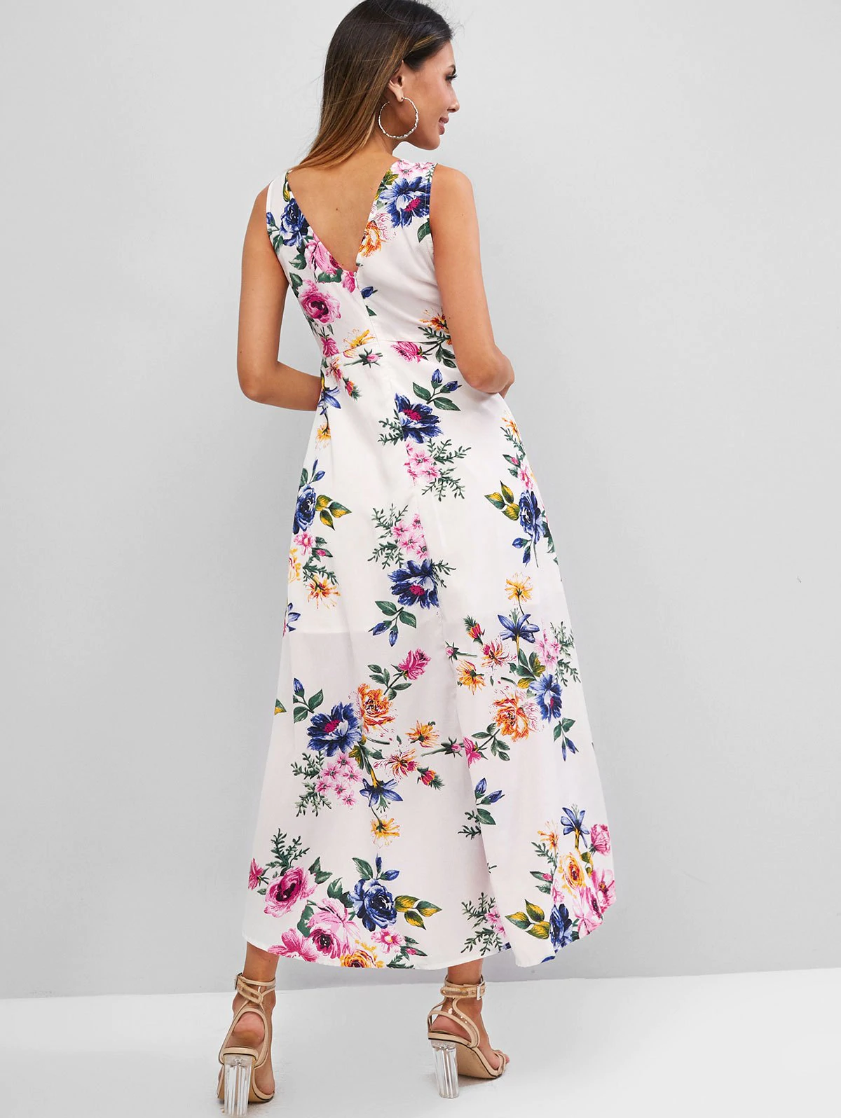 Flower Print O Ring High Low Surplice Dress