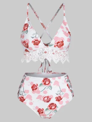 Rose Print Lace‑Trim Crisscross Bikini — High‑Waisted Floral Swim Set