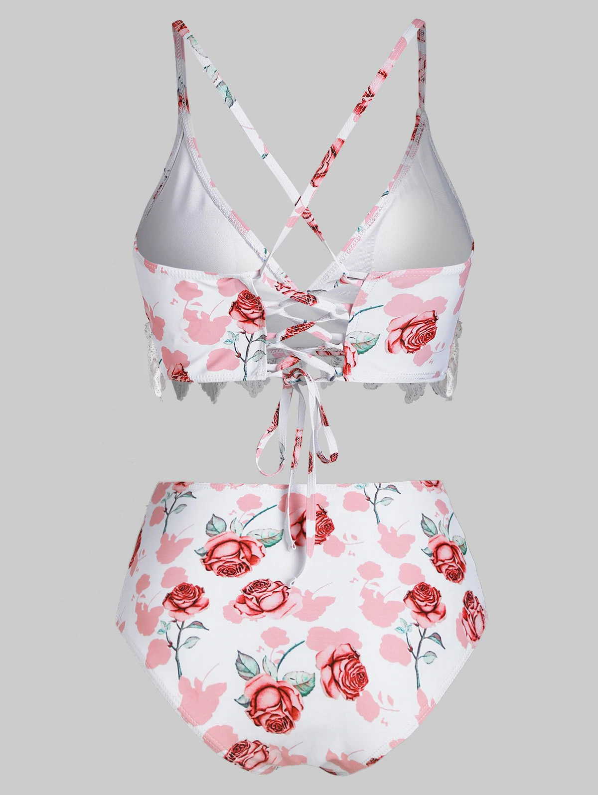 Crochet Lace Panel Rose Print Lace-up Crisscross Bikini Swimwear