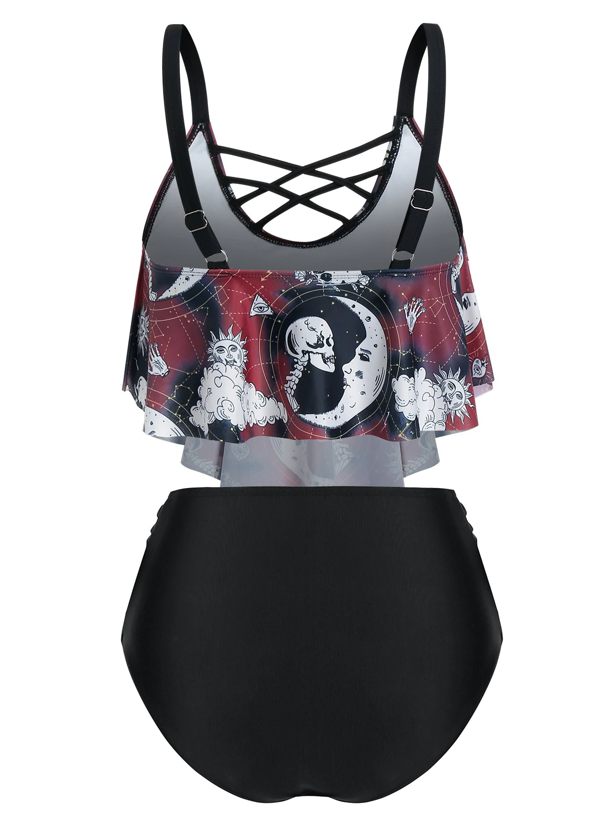 Skull Moon Sun Print Crisscross Ruched Padded Tankini Swimwear