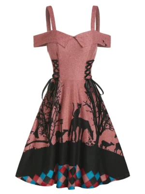 Tree Animal Print Side Lace Up Knitted A Line Dress