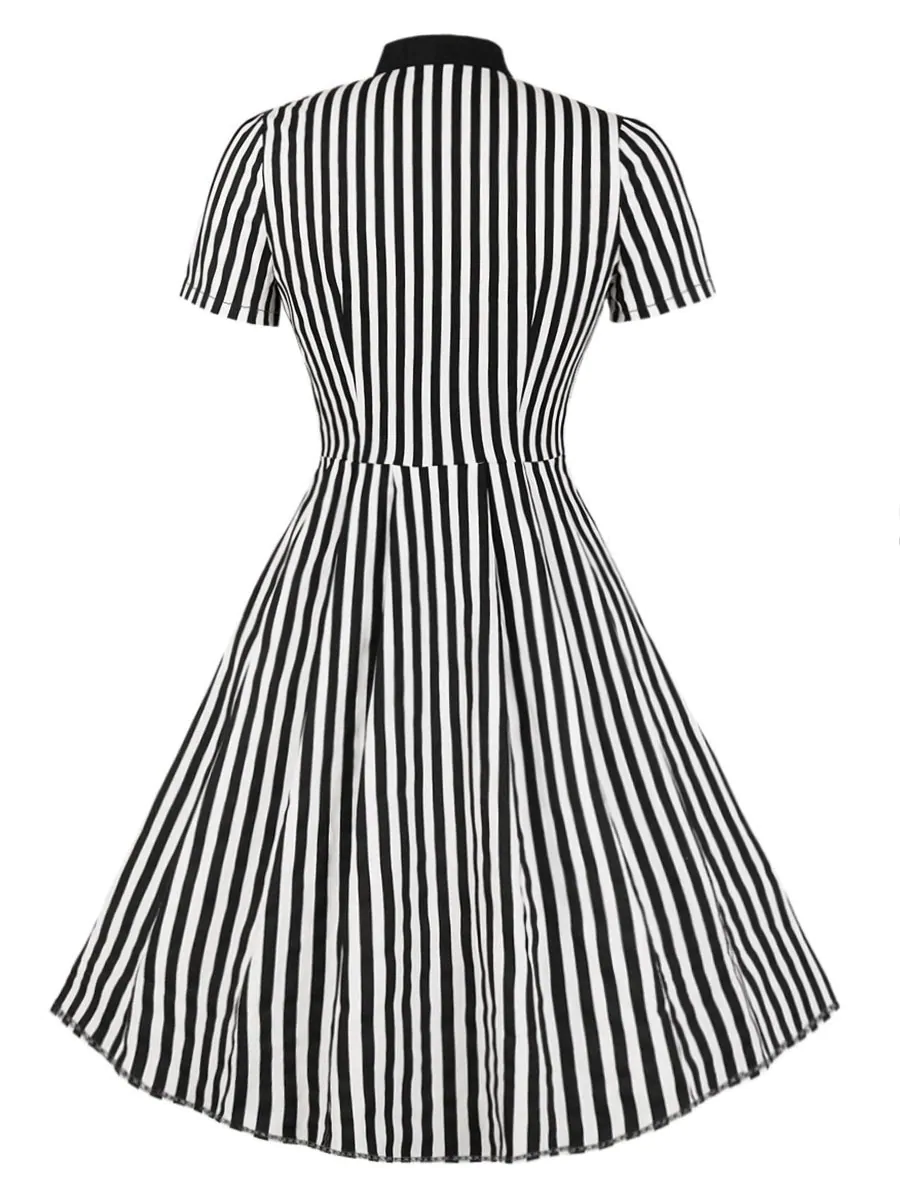 Plus Size Pussy Bow Striped Button Up Shirt Dress