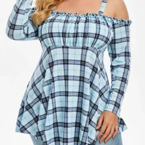 Plus Size Cold Shoulder Plaid Asymmetric Blouse