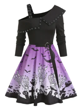 Cold Shoulder Halloween Print Belted Mini Dress