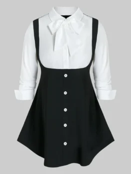 Plus Size Bicolor Bowknot Long Sleeve Tunic Blouse