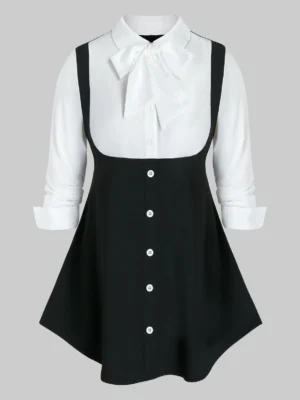 Plus Size Bicolor Bowknot Long Sleeve Tunic Blouse
