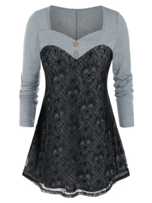 Plus Size Skull Lace Halloween Top
