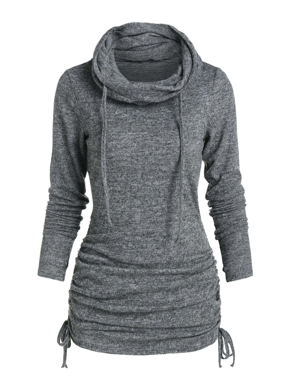 Cowl Neck Cinched Hem Knitted Drawstring Sweatshirt