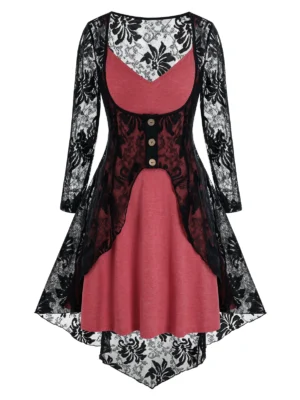 Plus Size Lace Asymmetric Blouse and Tank Top Set